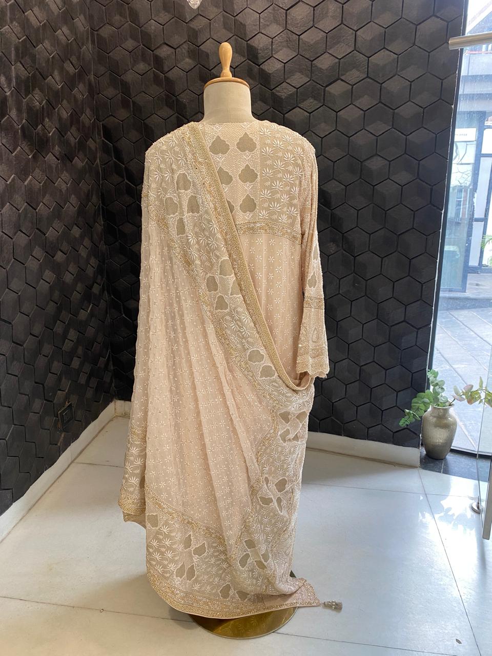 Gold & White Chikankari Embroidered Georgette Kurta Set with Heavy Dupatta