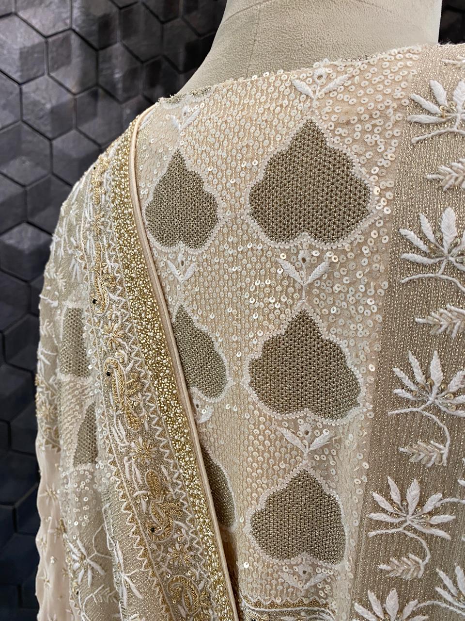 Gold & White Chikankari Embroidered Georgette Kurta Set with Heavy Dupatta