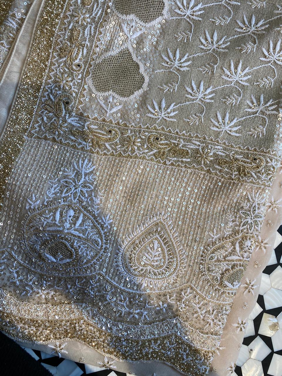 Gold & White Chikankari Embroidered Georgette Kurta Set with Heavy Dupatta