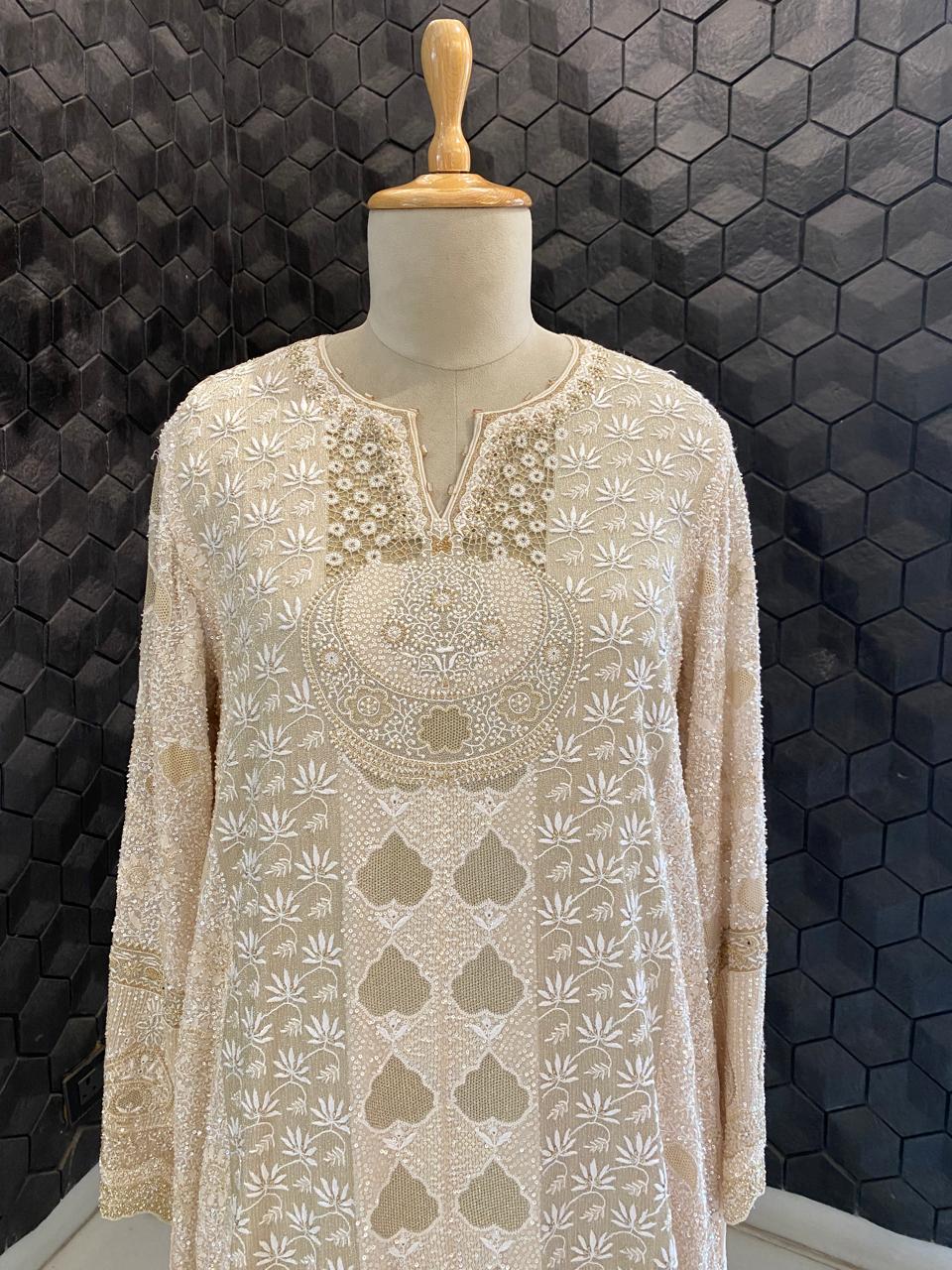 Gold & White Chikankari Embroidered Georgette Kurta Set with Heavy Dupatta