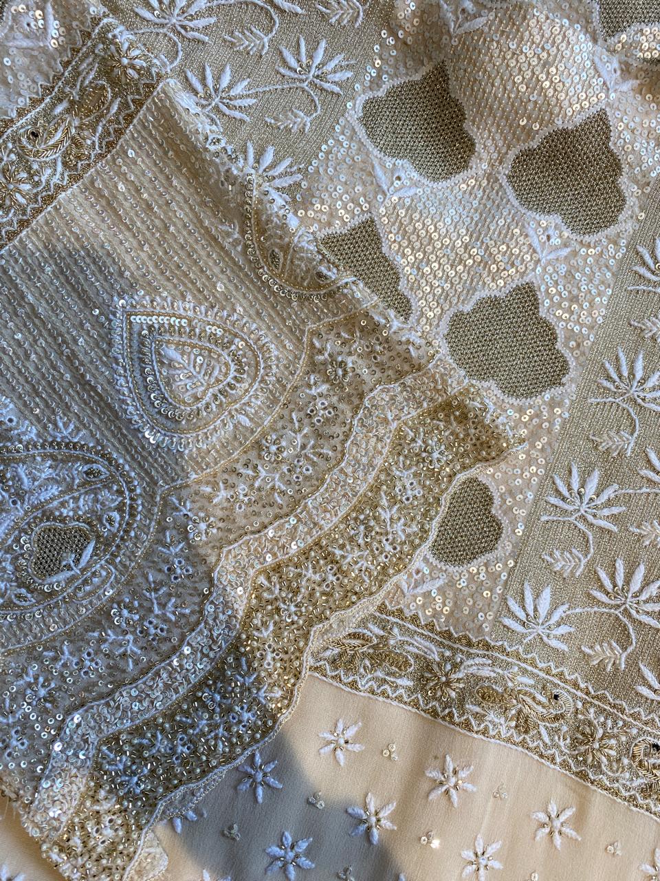 Gold & White Chikankari Embroidered Georgette Kurta Set with Heavy Dupatta