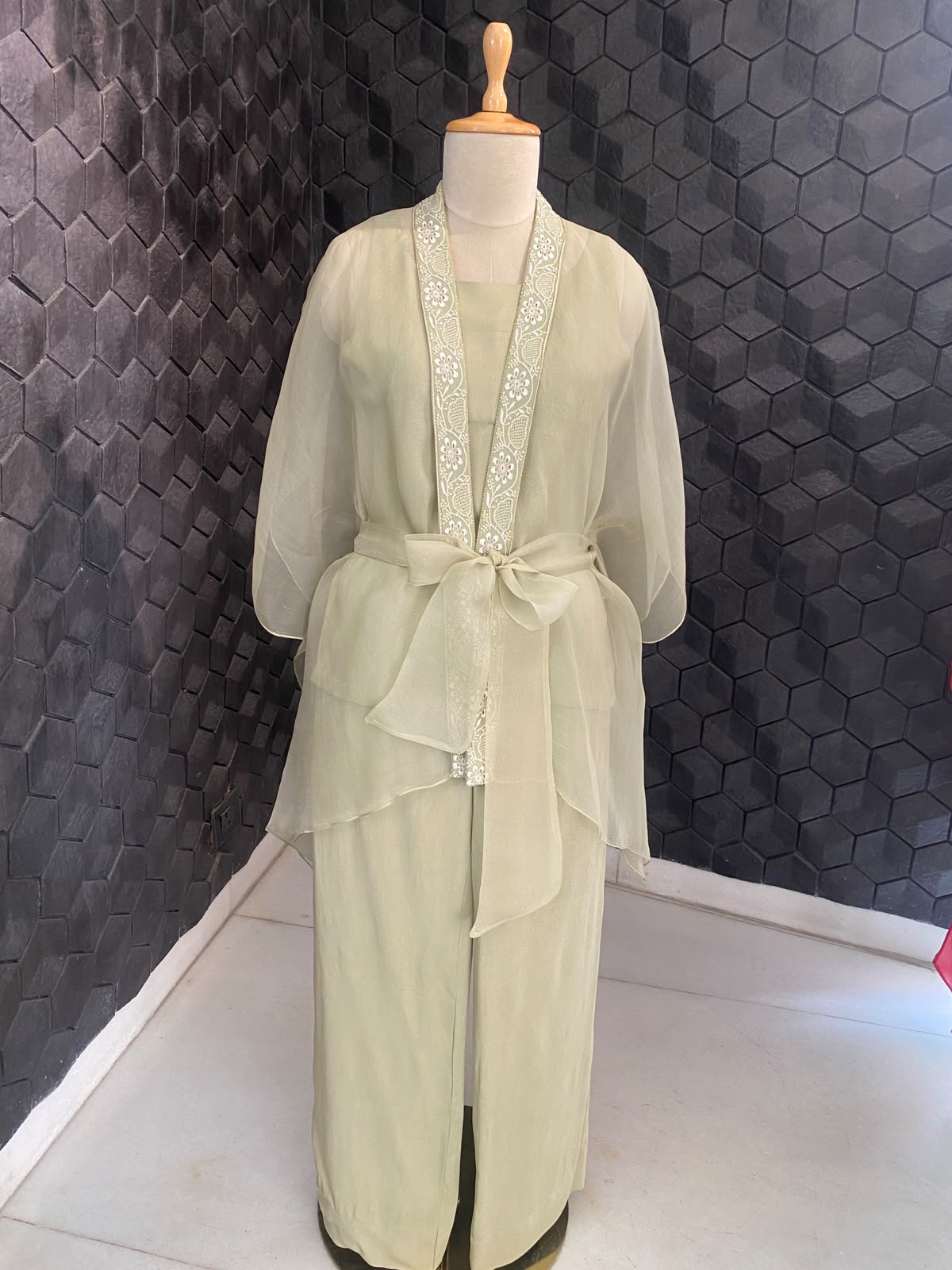 Pista Green Organza Chikankari Border Co-Ord Set