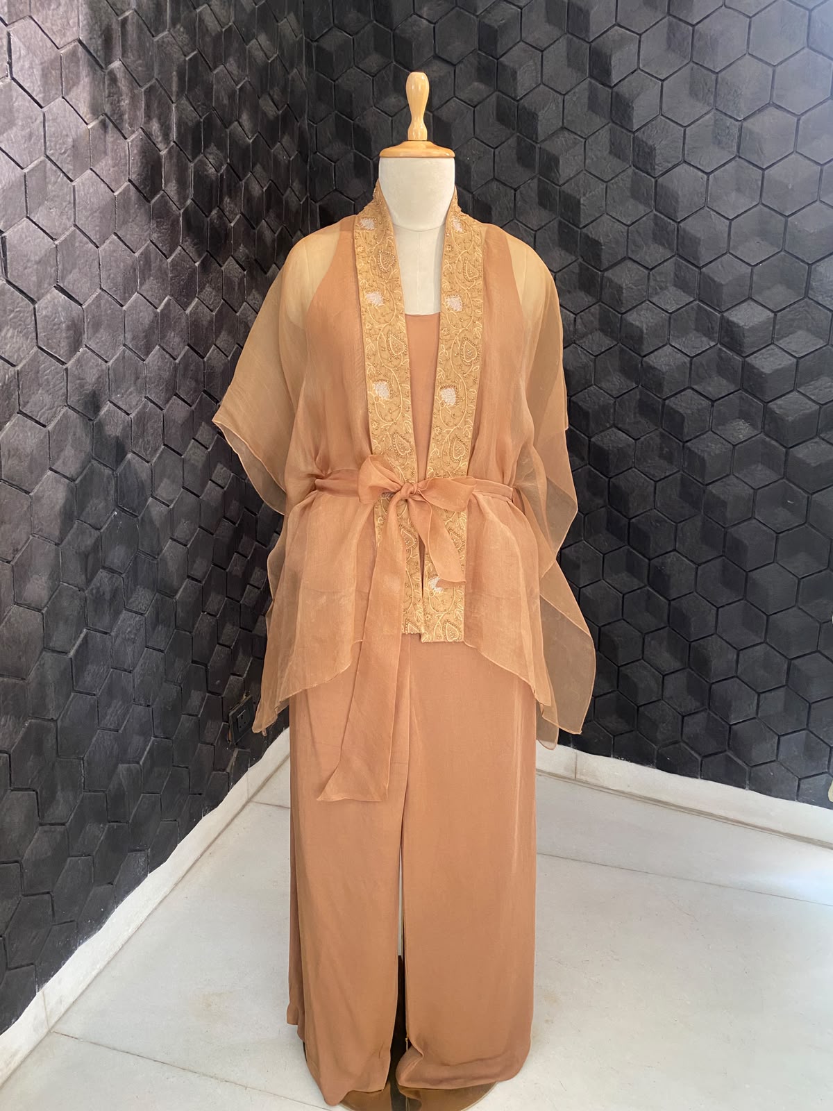Brown Organza Chikankari Border Co-Ord Set