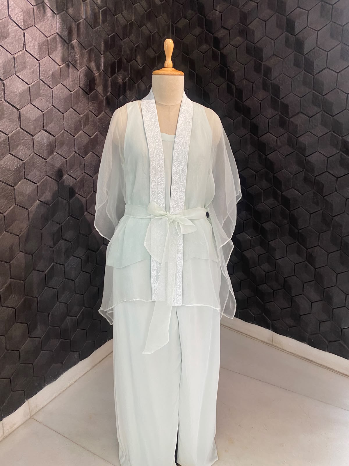 Sea Green Organza Chikankari Border Co-Ord Set