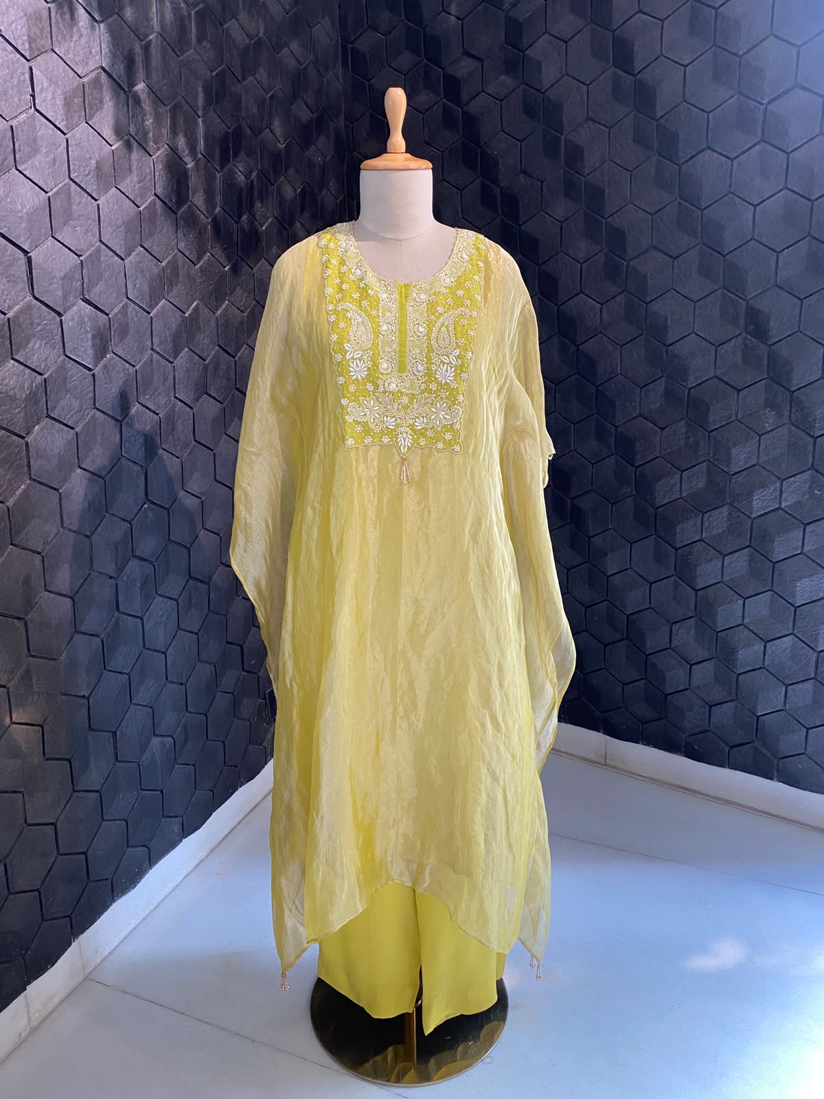 Lime Tissue Embroidered Kaftan Set