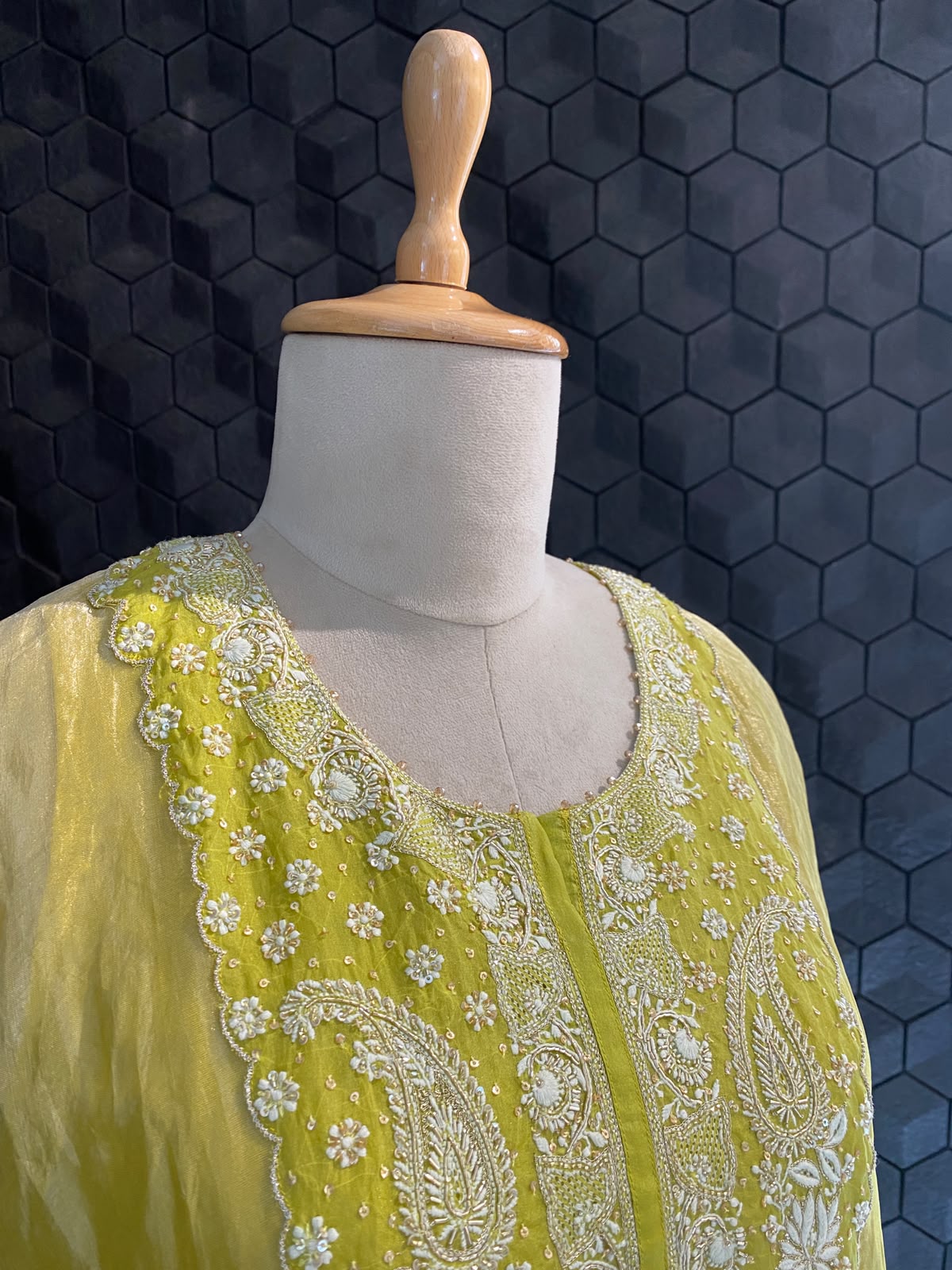 Lime Tissue Embroidered Kaftan Set