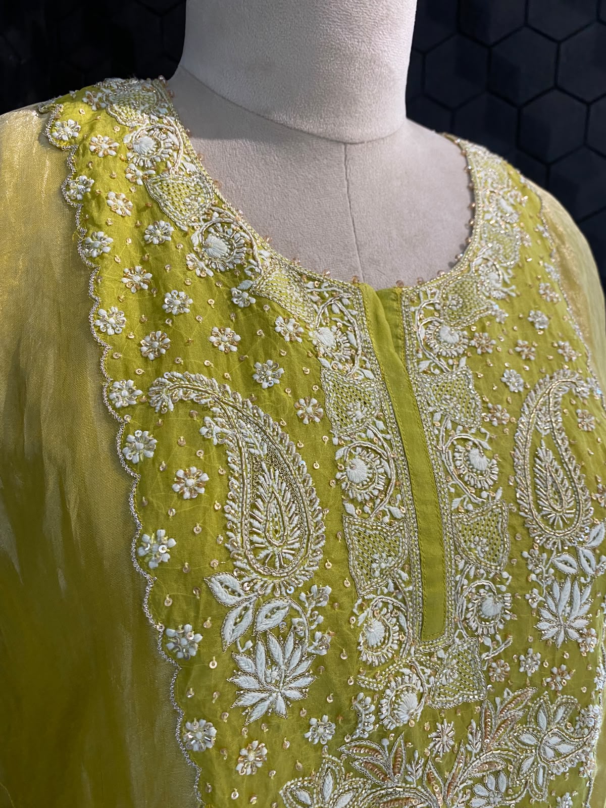 Lime Tissue Embroidered Kaftan Set
