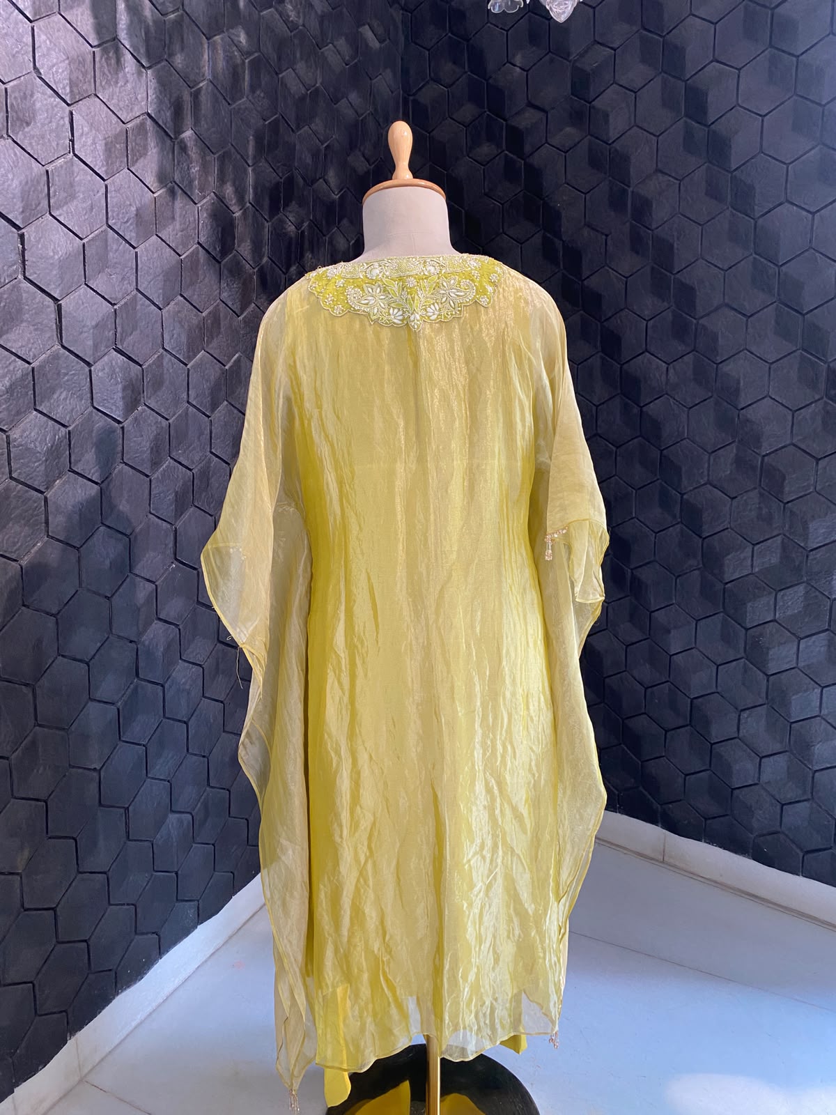 Lime Tissue Embroidered Kaftan Set