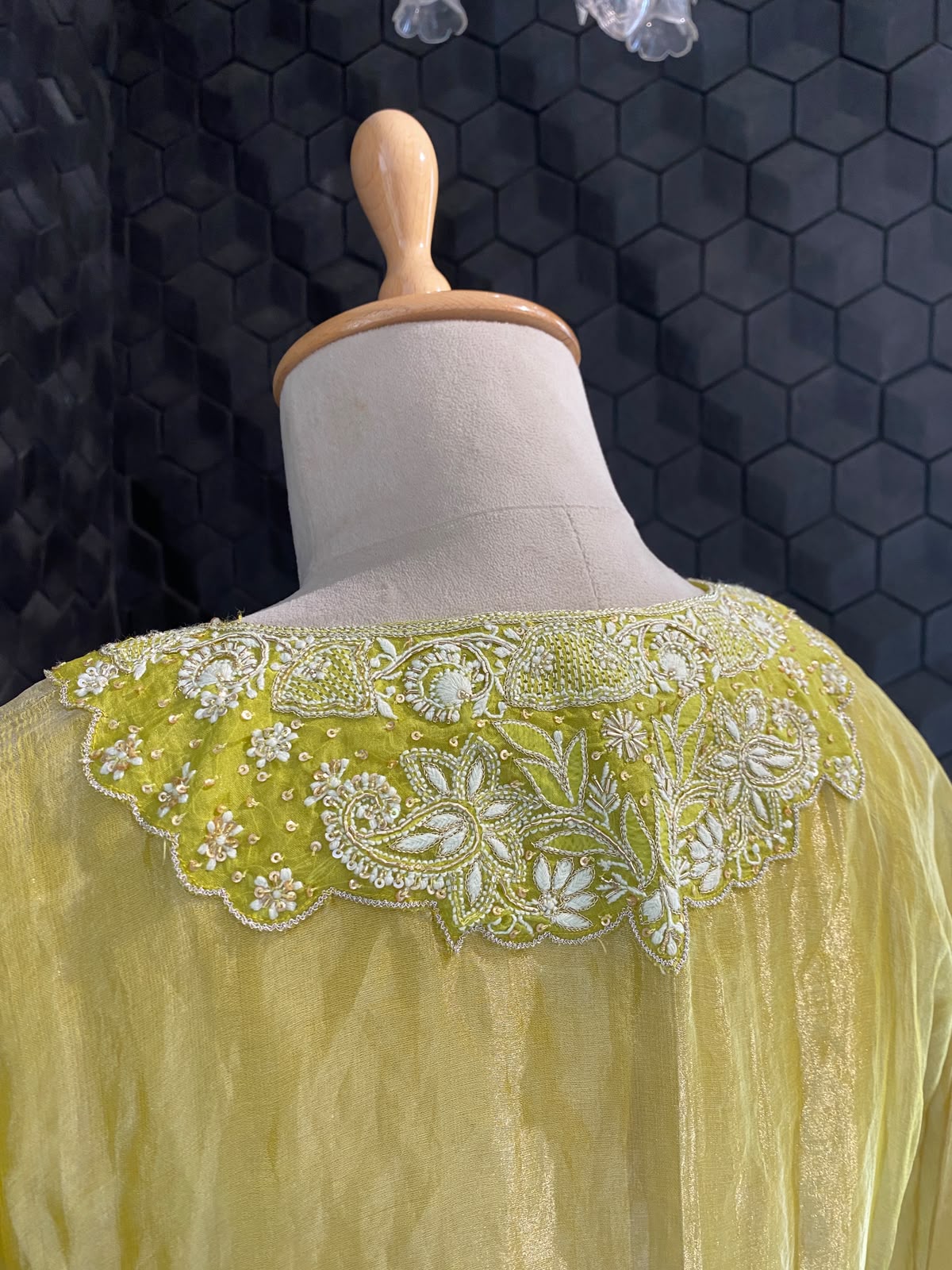 Lime Tissue Embroidered Kaftan Set