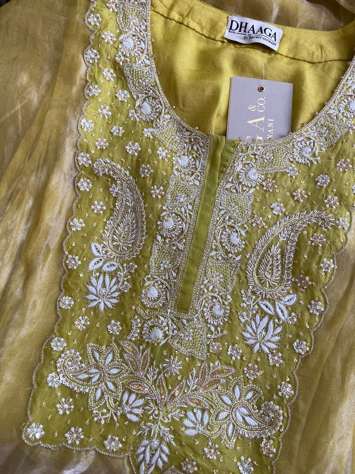 Lime Tissue Embroidered Kaftan Set