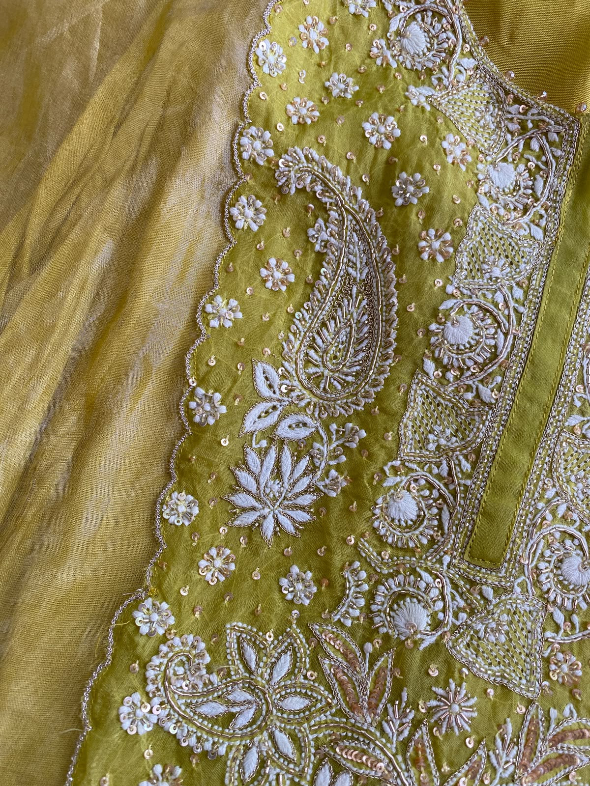Lime Tissue Embroidered Kaftan Set