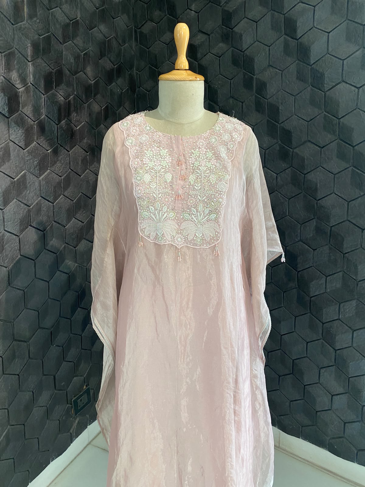 Pink Tissue Embroidered Kaftan Set