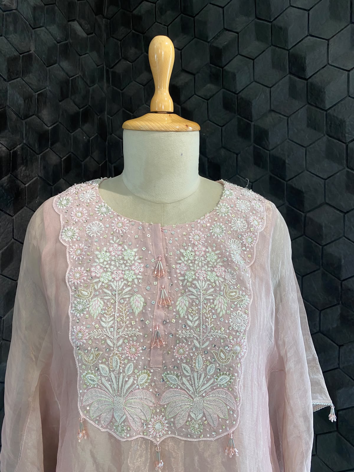 Pink Tissue Embroidered Kaftan Set