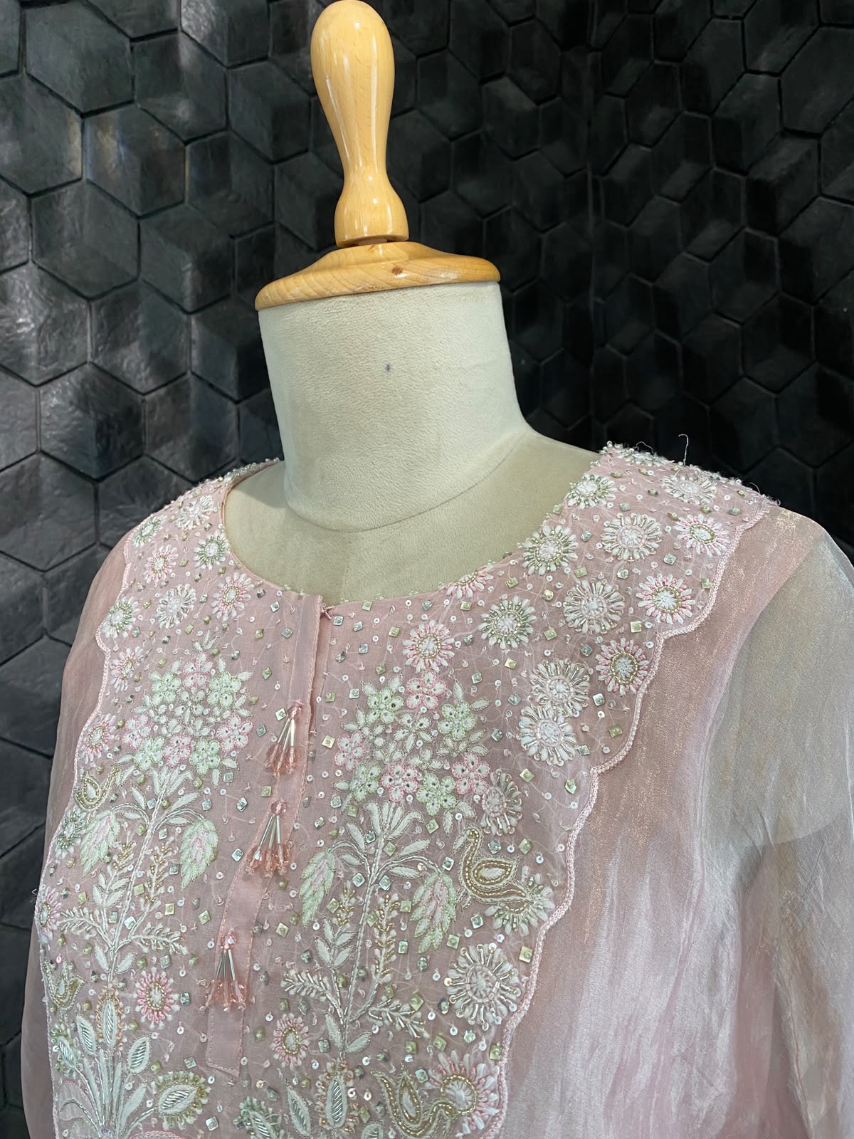 Pink Tissue Embroidered Kaftan Set