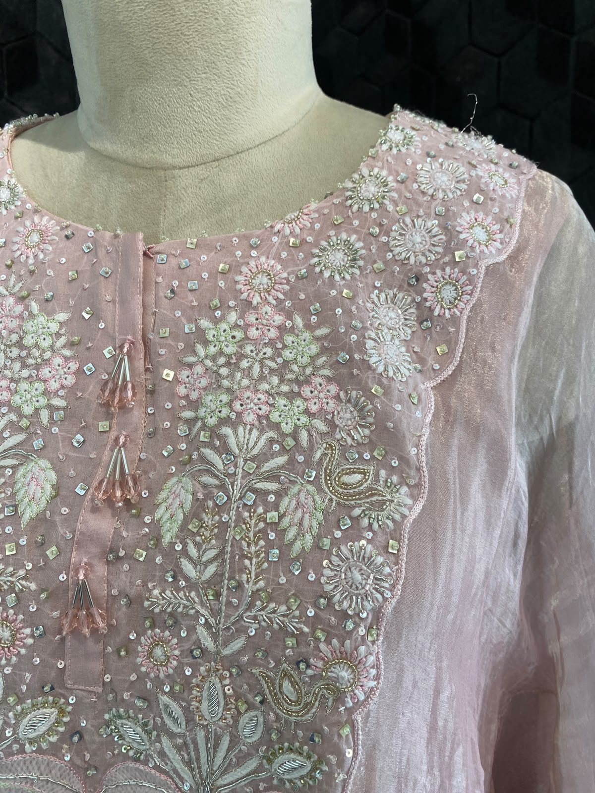 Pink Tissue Embroidered Kaftan Set