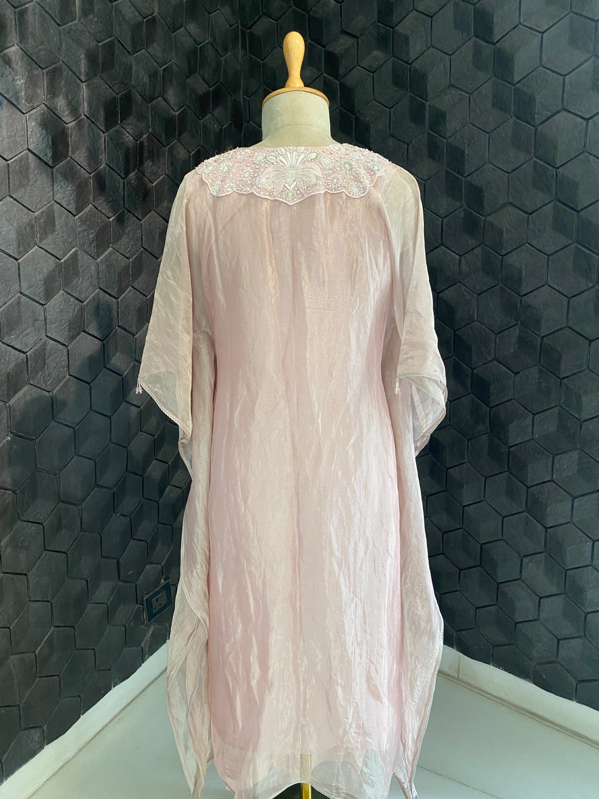 Pink Tissue Embroidered Kaftan Set