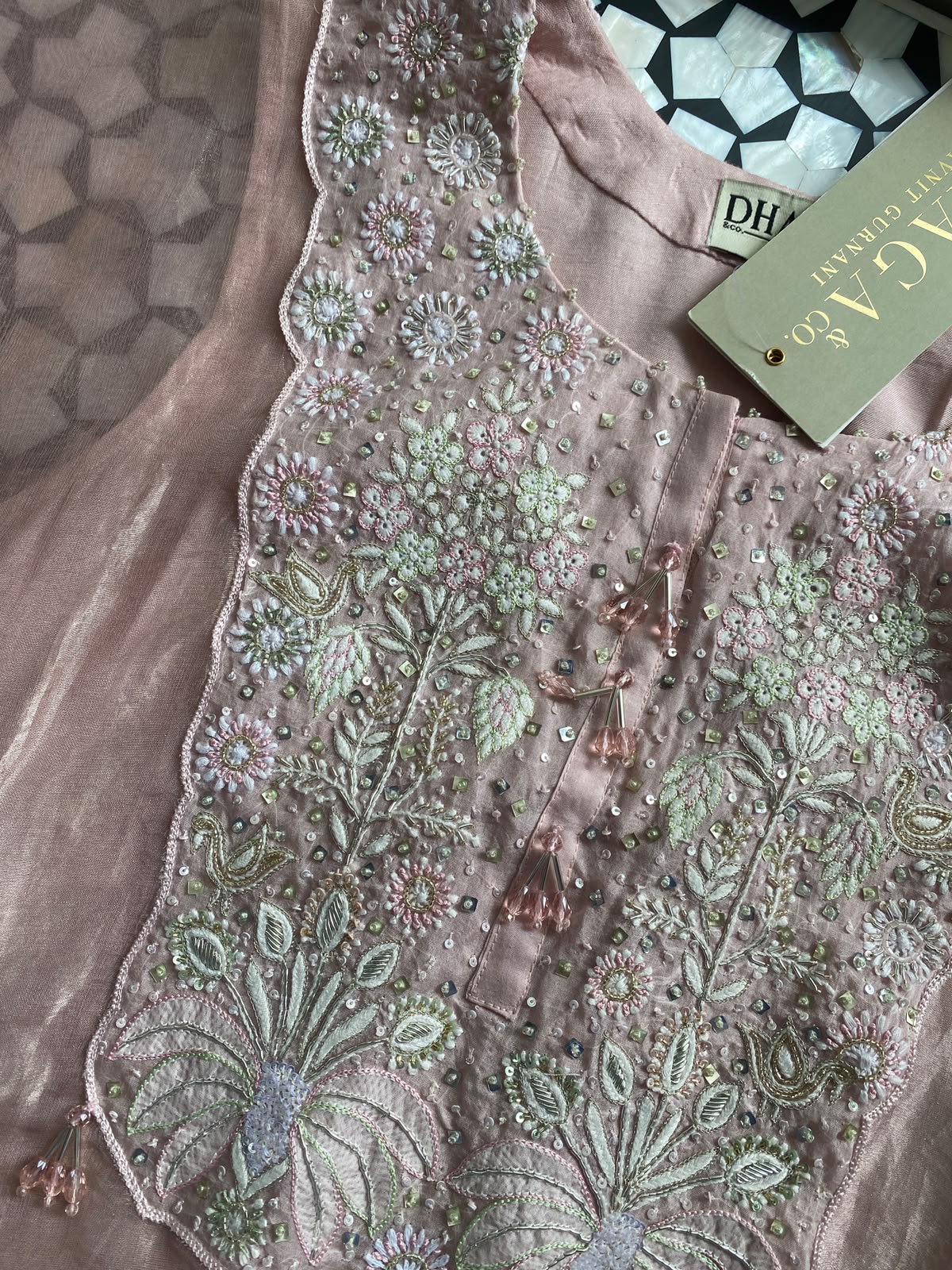 Pink Tissue Embroidered Kaftan Set
