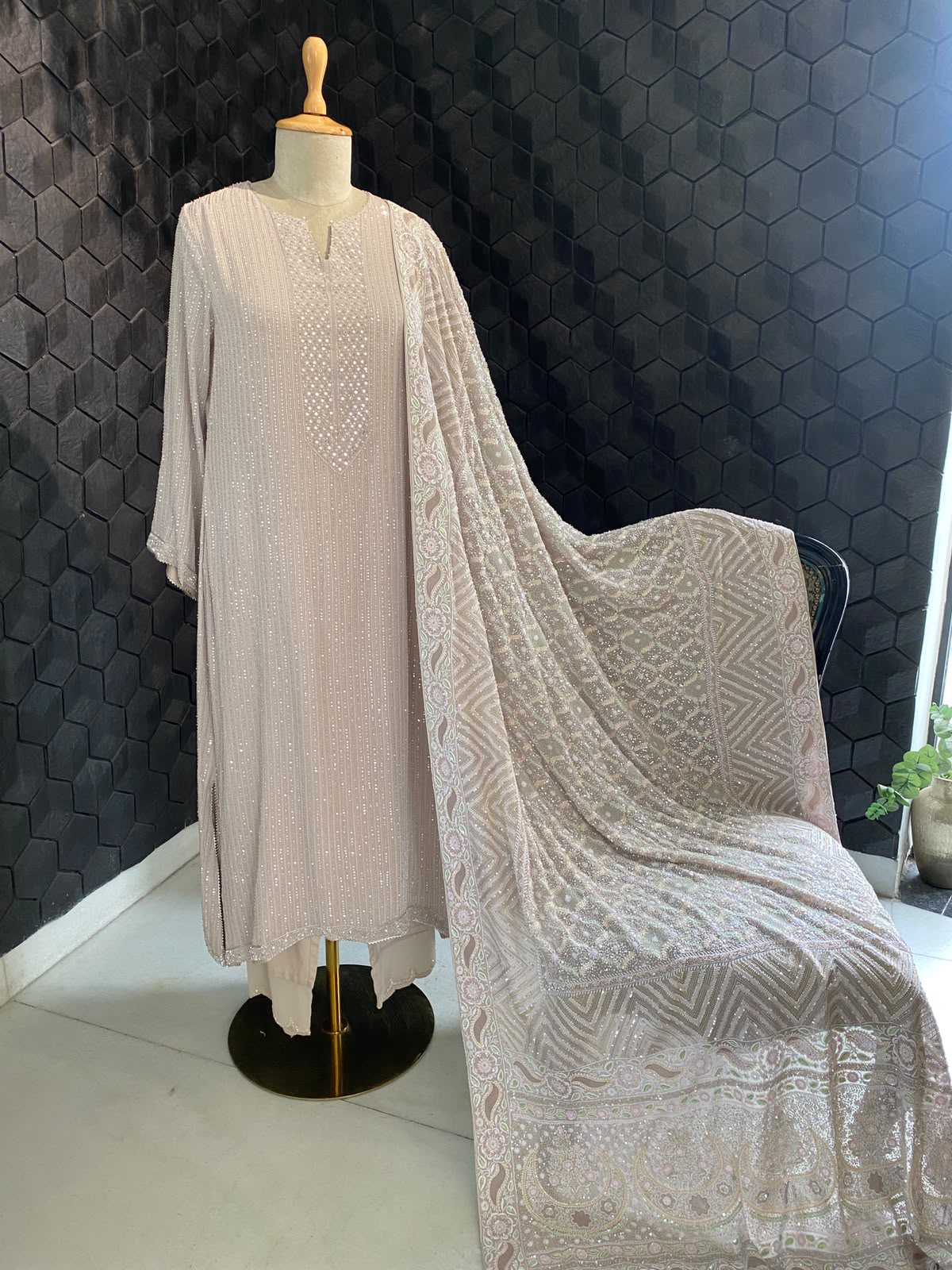 Grey Georgette Kurta with Multi-Coloured Heavy Dupatta Set