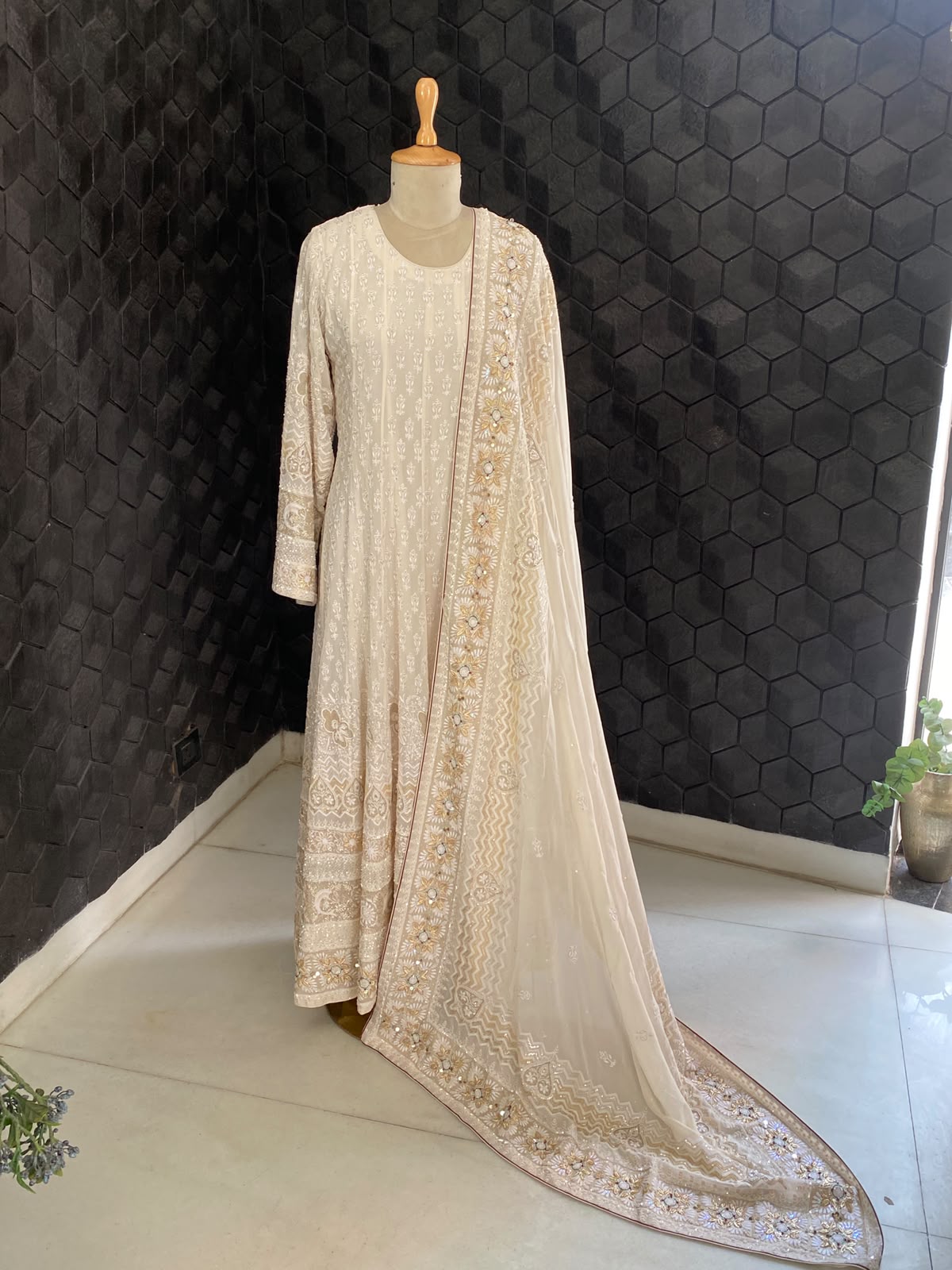 Cream Embroidered Georgette Anarkali Set with Floral Dupatta