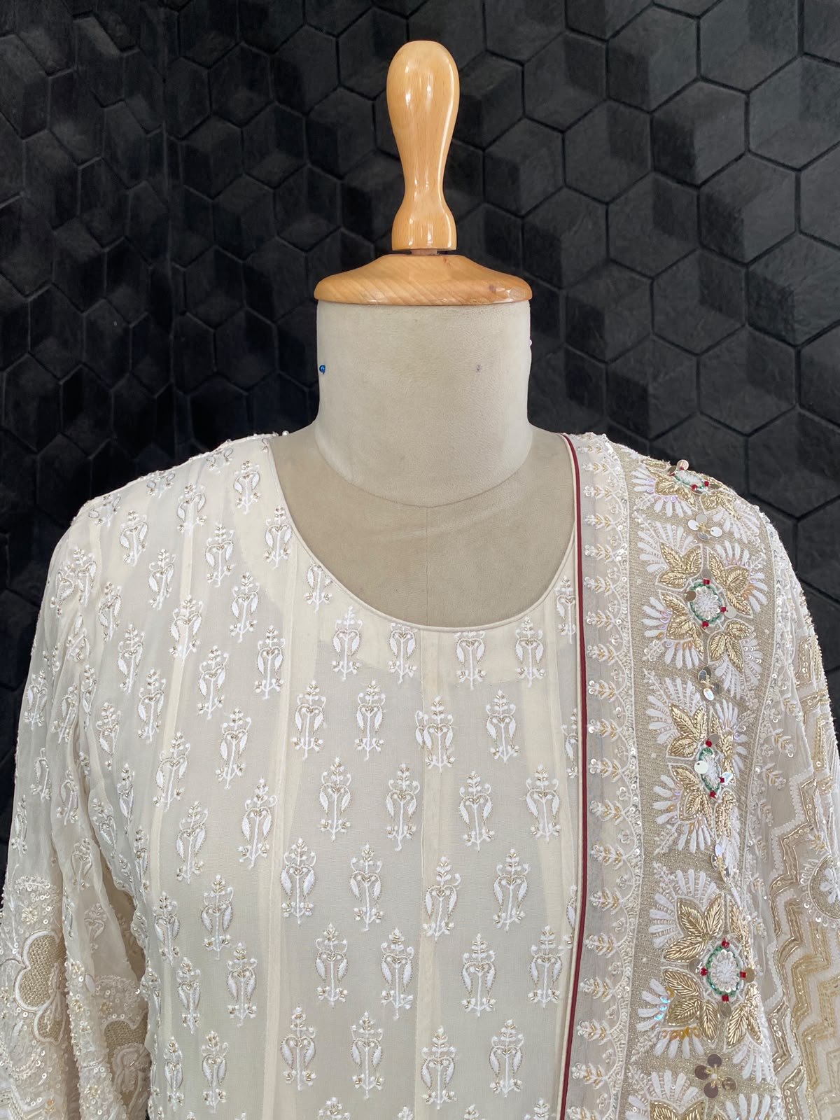 Cream Embroidered Georgette Anarkali Set with Floral Dupatta