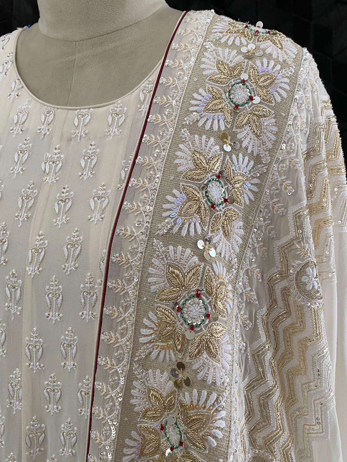 Cream Embroidered Georgette Anarkali Set with Floral Dupatta