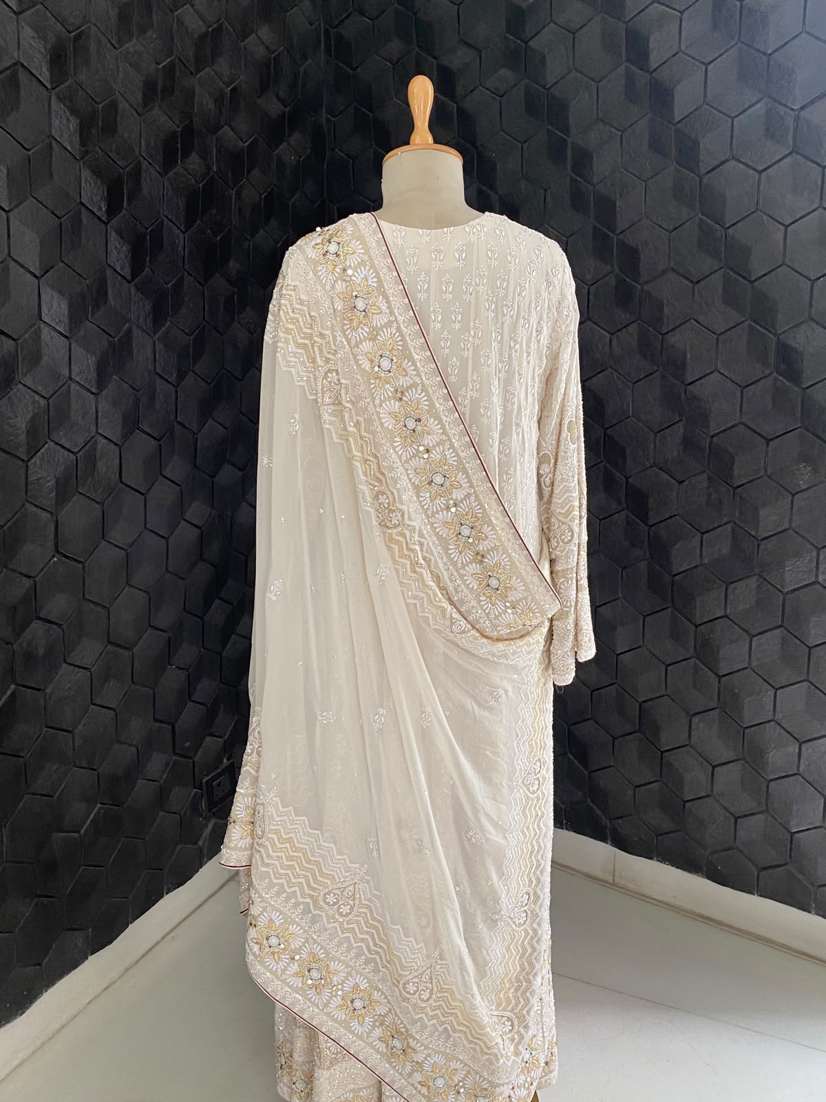 Cream Embroidered Georgette Anarkali Set with Floral Dupatta