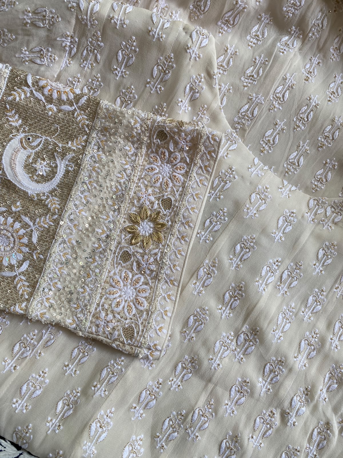 Cream Embroidered Georgette Anarkali Set with Floral Dupatta
