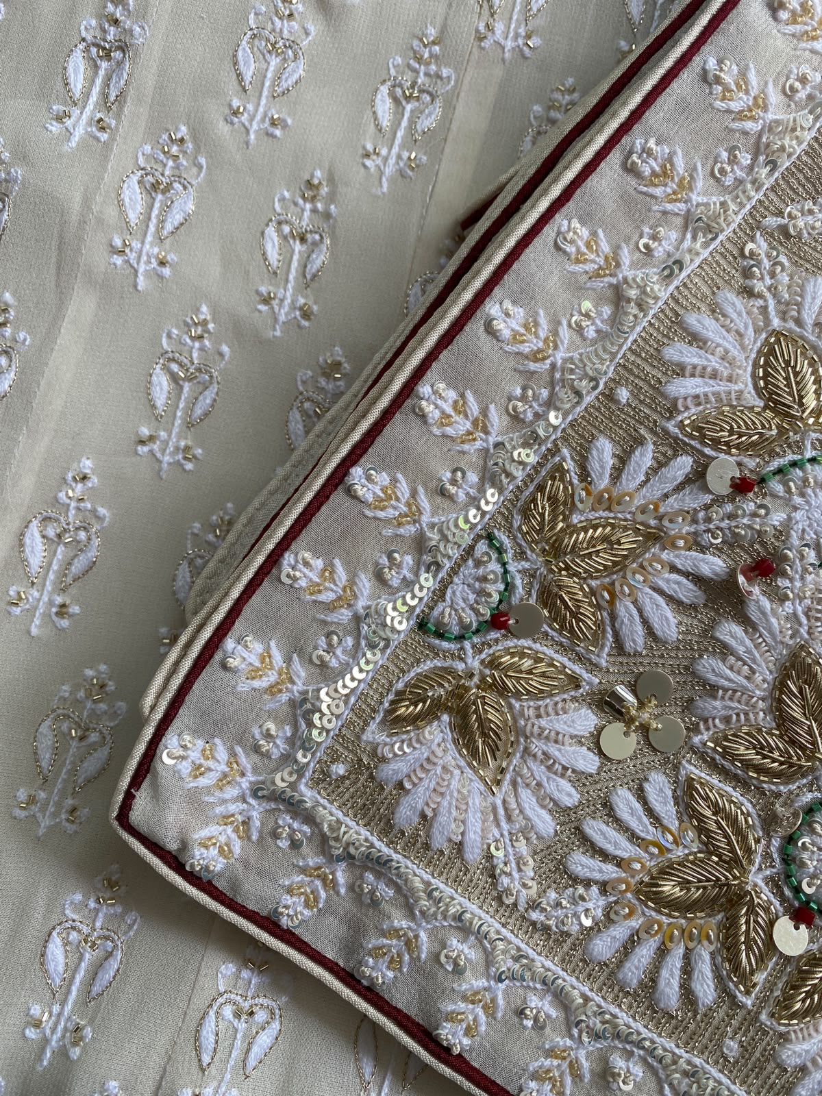 Cream Embroidered Georgette Anarkali Set with Floral Dupatta