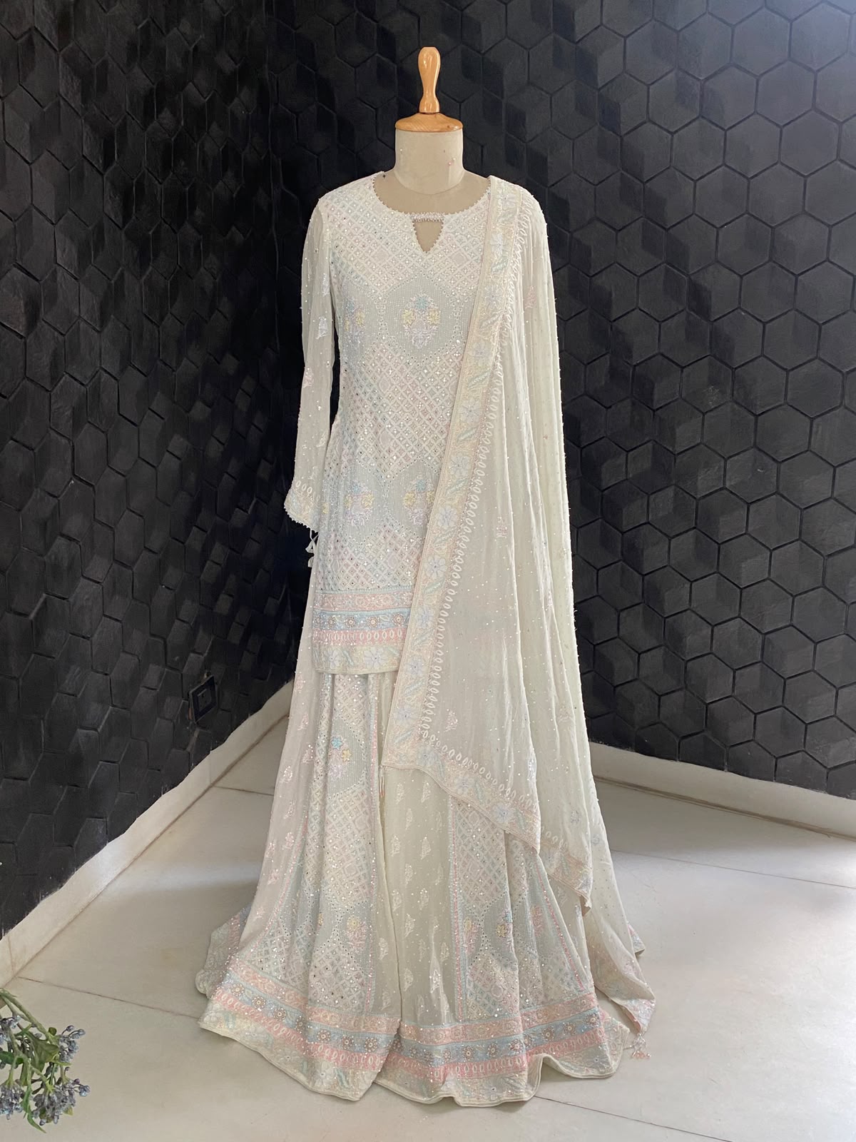 Pastel Blue Embroidered Georgette Lehenga Set with Embellished Dupatta