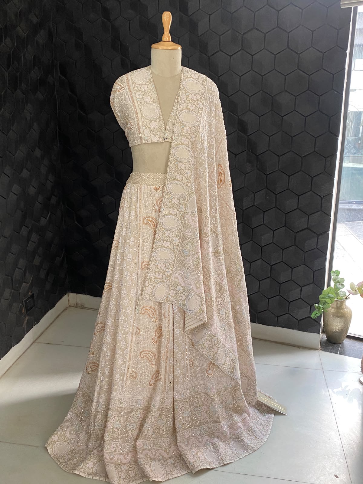 Ivory Pastel Hand-Embroidered Georgette Lehenga Set
