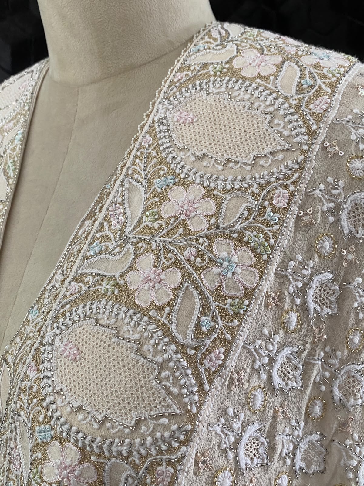 Ivory Pastel Hand-Embroidered Georgette Lehenga Set