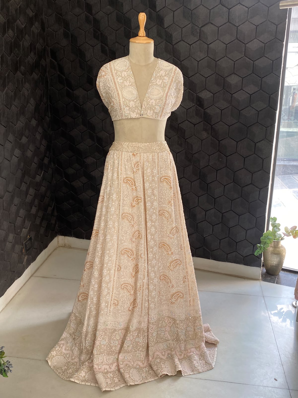 Ivory Pastel Hand-Embroidered Georgette Lehenga Set