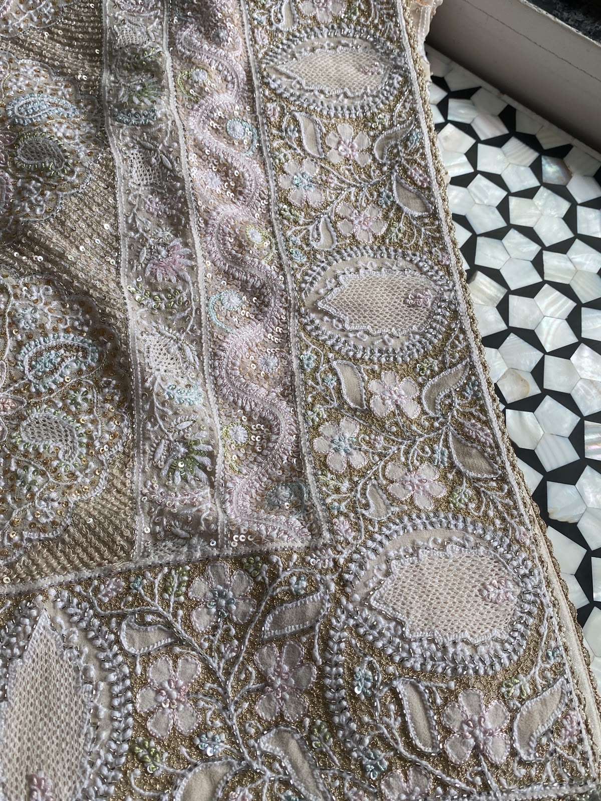 Ivory Pastel Hand-Embroidered Georgette Lehenga Set