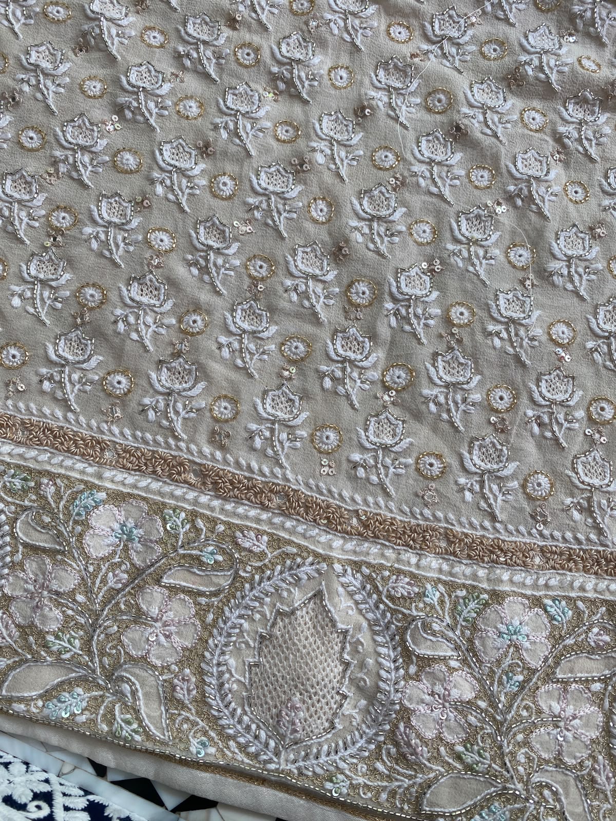 Ivory Pastel Hand-Embroidered Georgette Lehenga Set