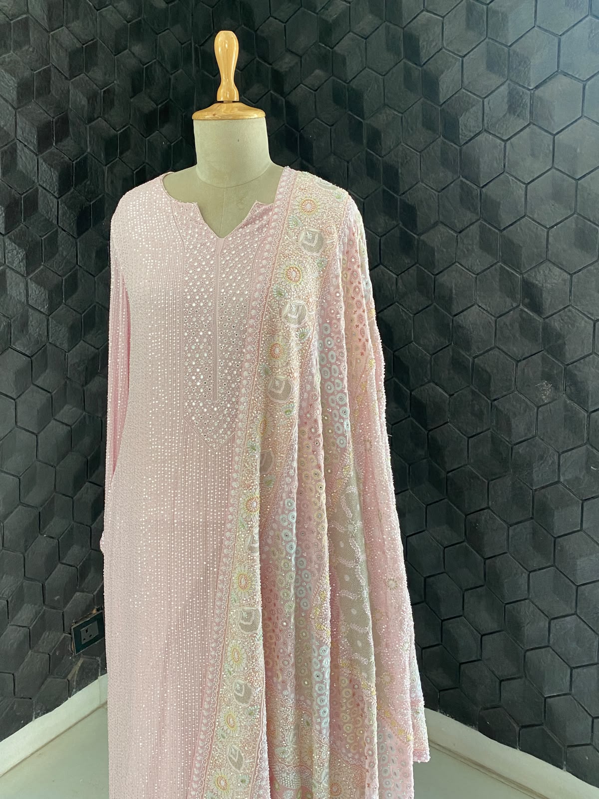 Pink Georgette Kurta with Multi-Coloured Heavy Dupatta Set