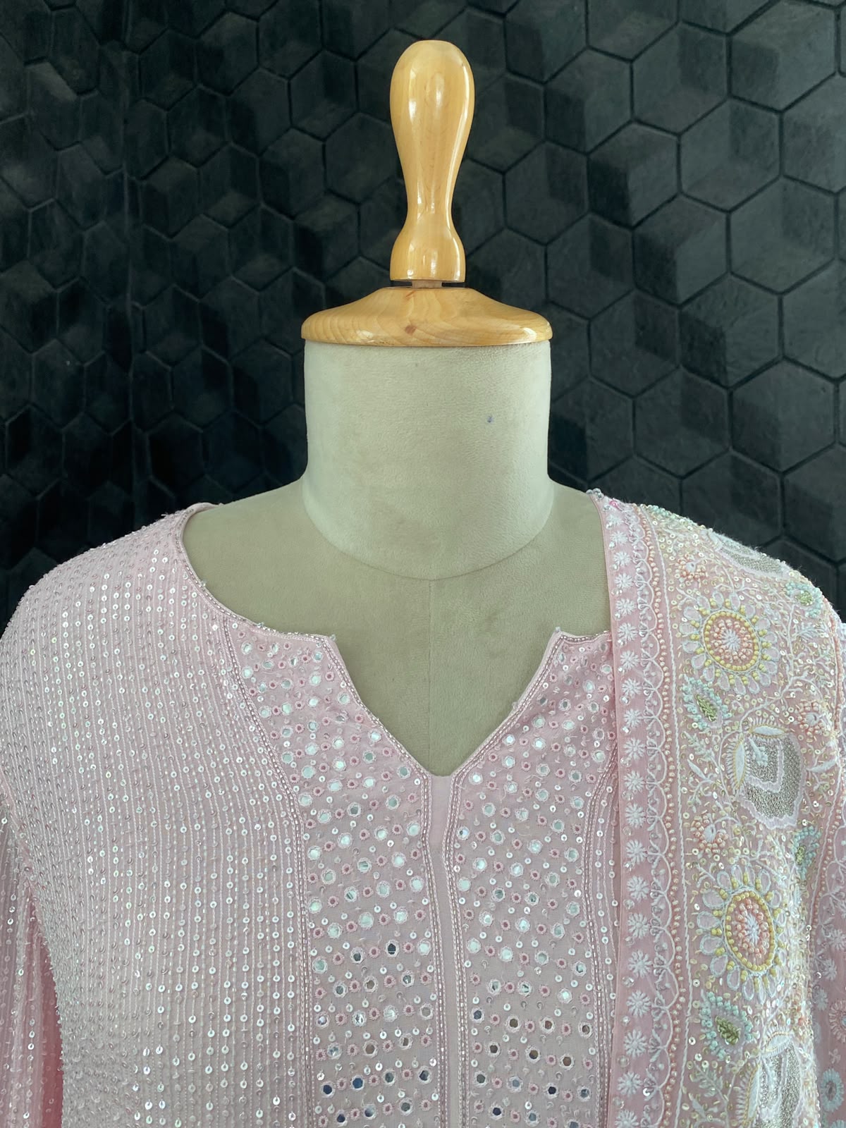 Pink Georgette Kurta with Multi-Coloured Heavy Dupatta Set