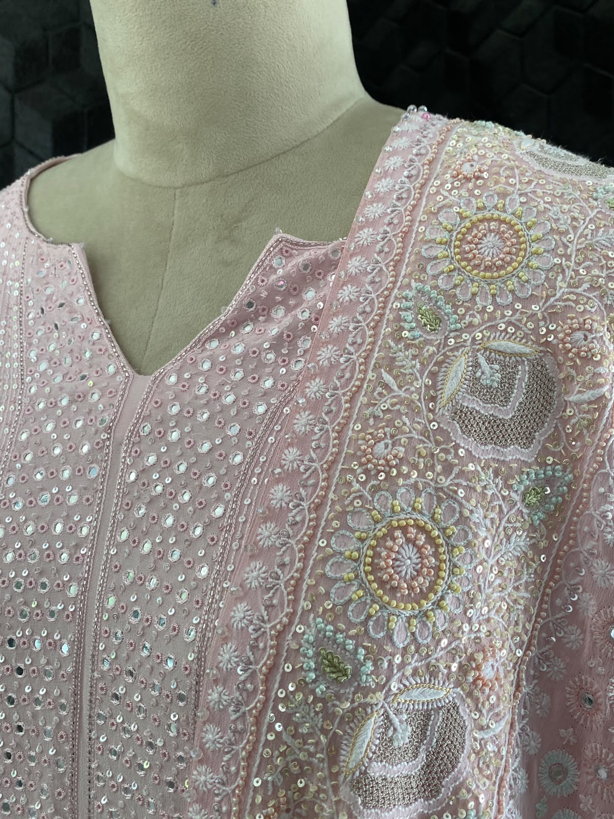 Pink Georgette Kurta with Multi-Coloured Heavy Dupatta Set