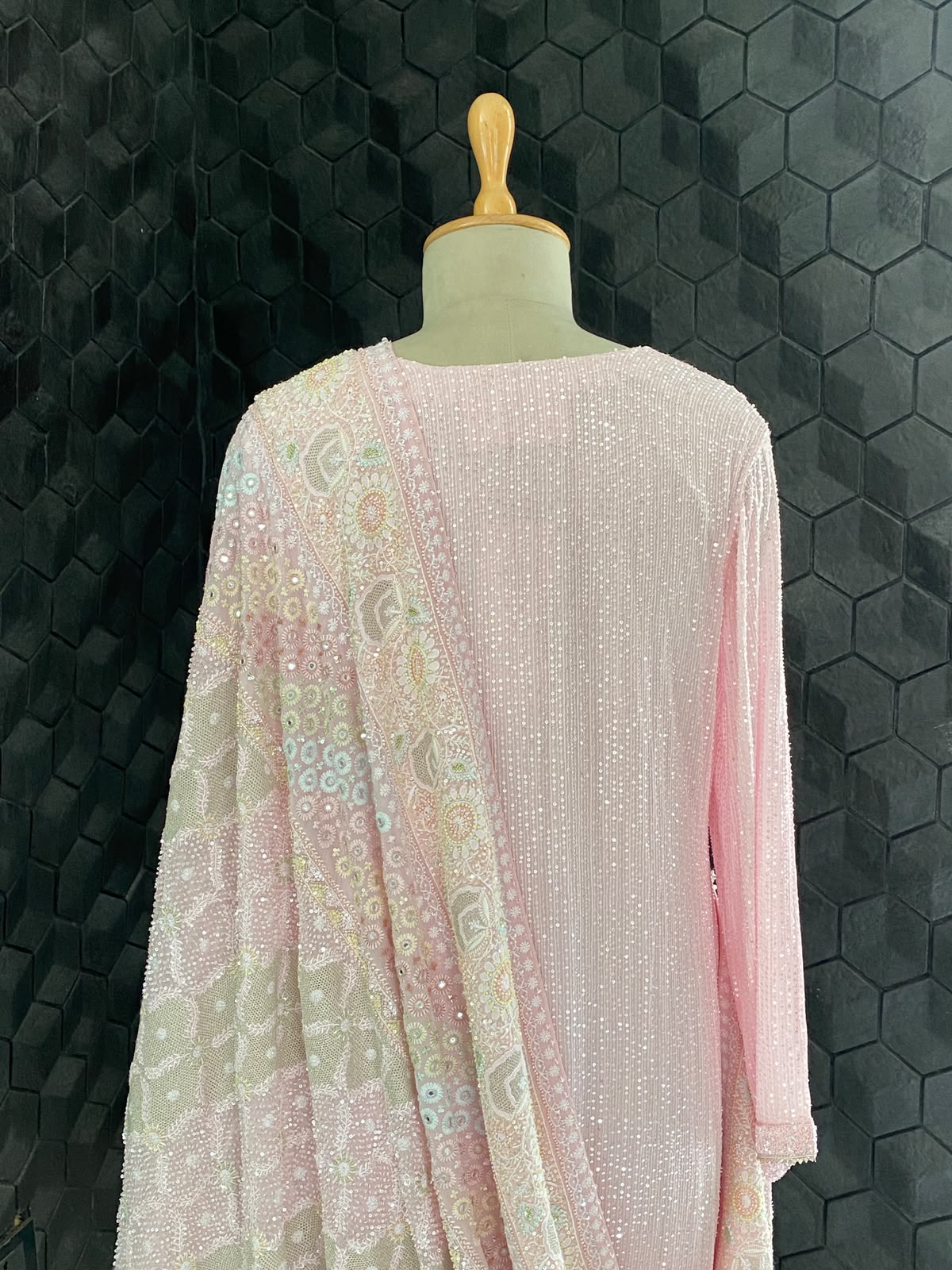 Pink Georgette Kurta with Multi-Coloured Heavy Dupatta Set