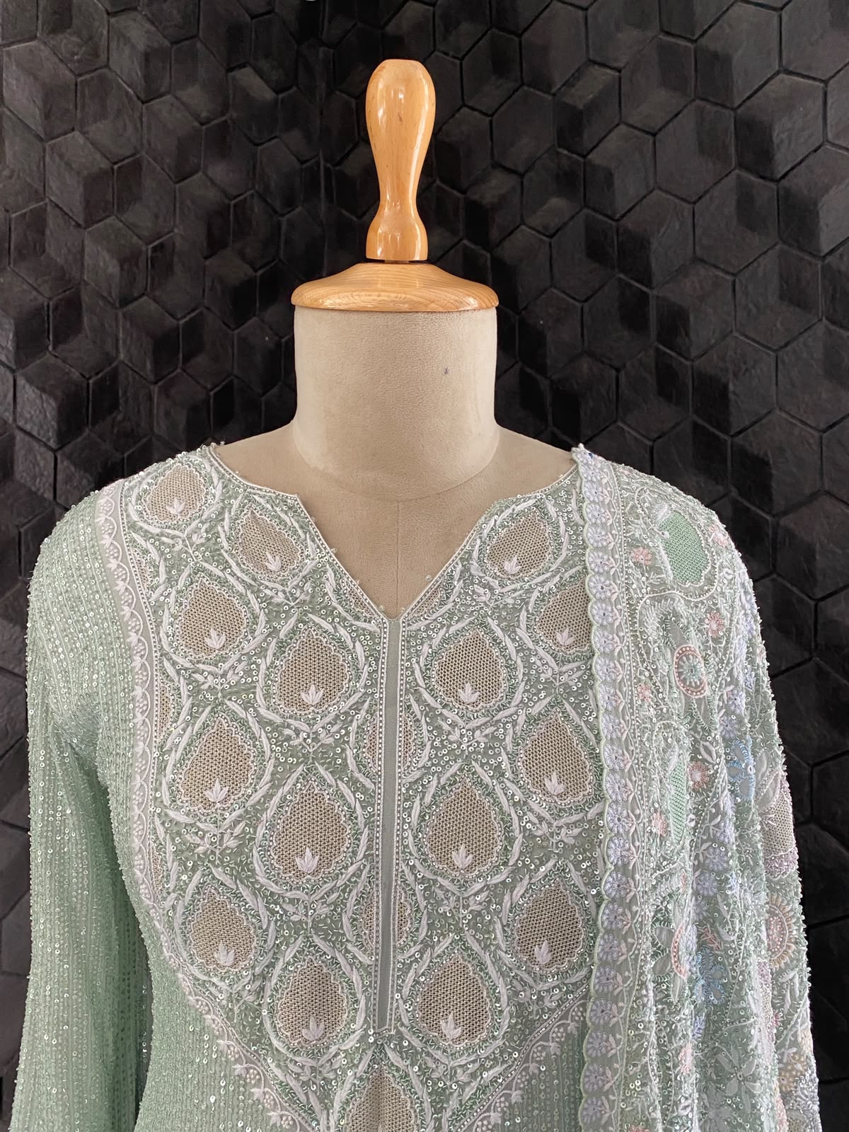 Grey Georgette Kurta with Multi-Coloured Heavy Dupatta Set