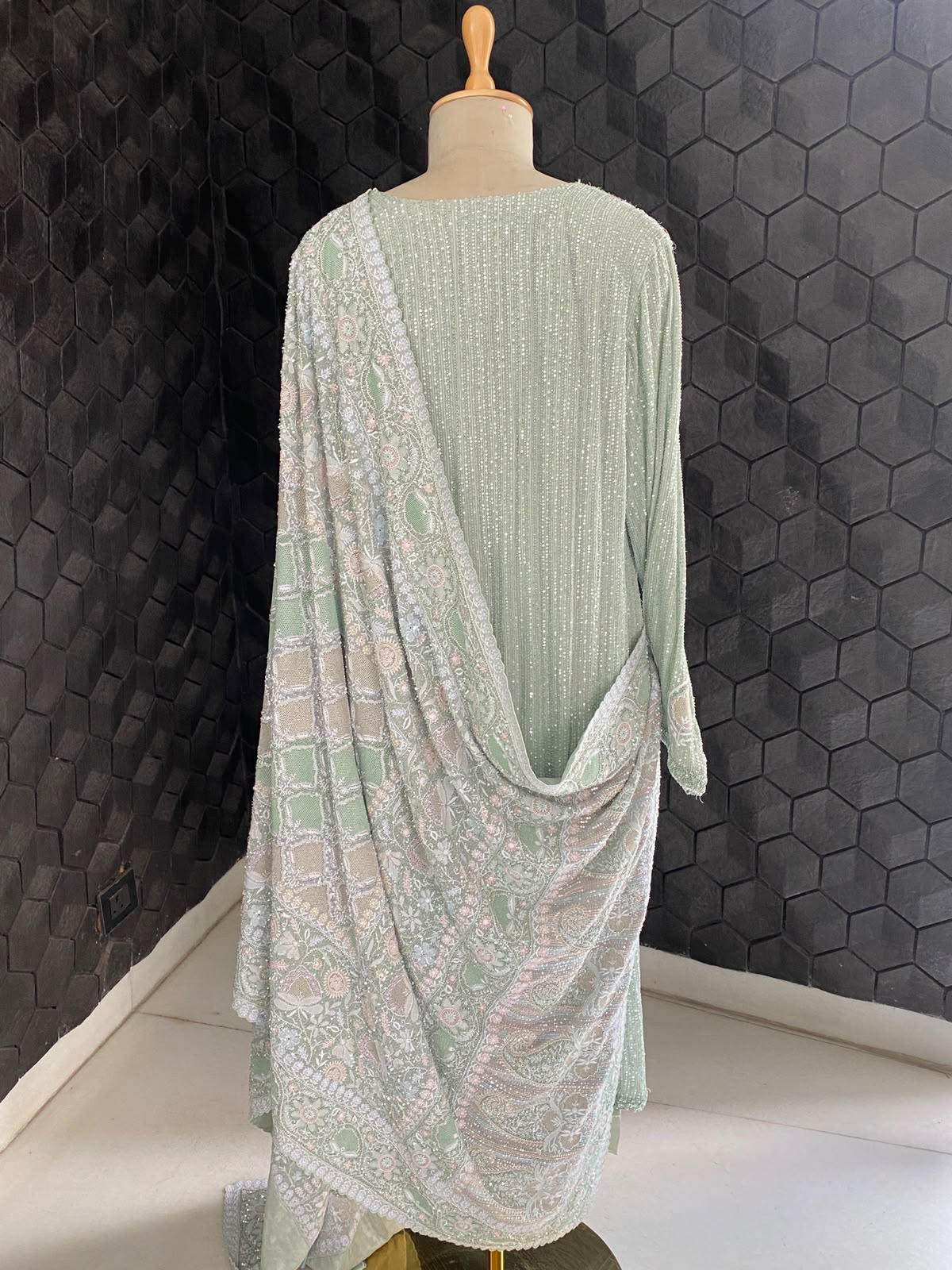 Grey Georgette Kurta with Multi-Coloured Heavy Dupatta Set