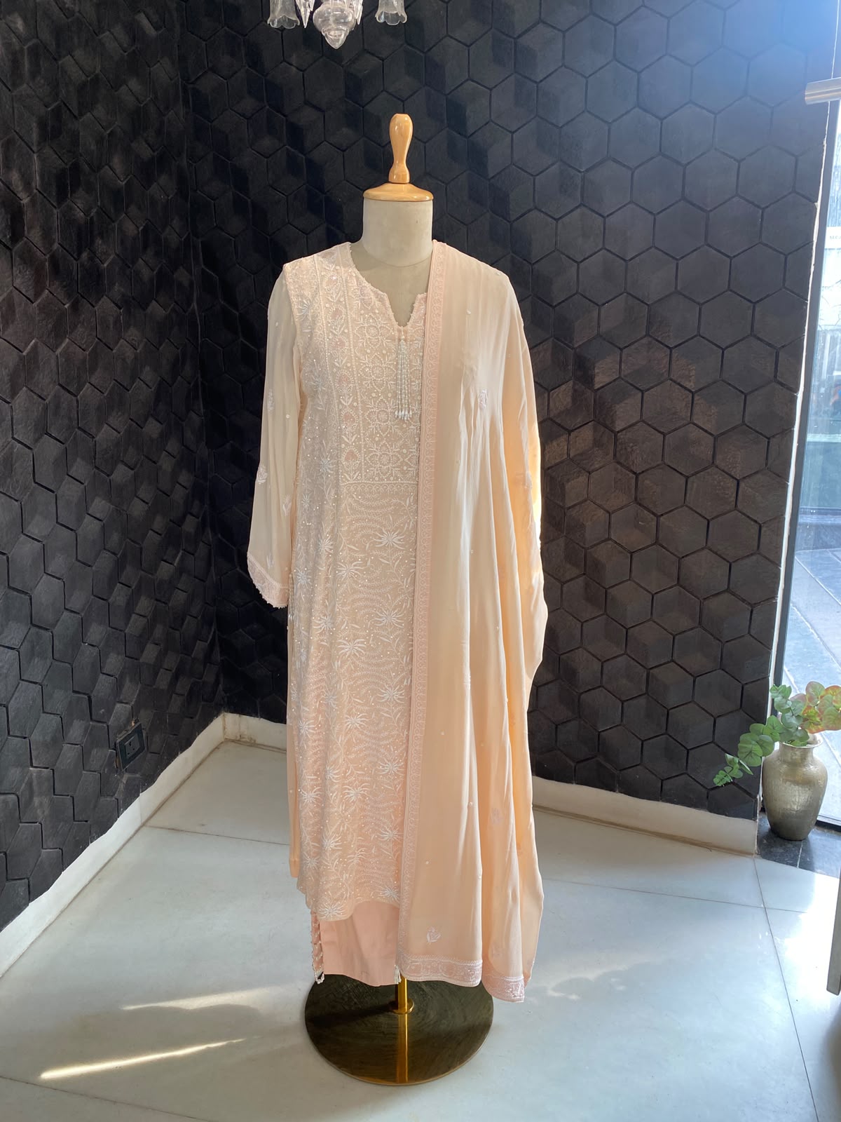 Peach Embroidered Georgette Kurta Set