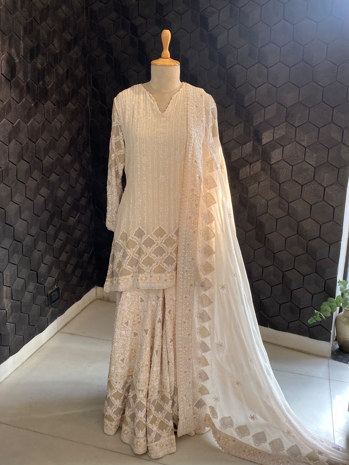 Ivory Embroidered Kurta Sharara Set