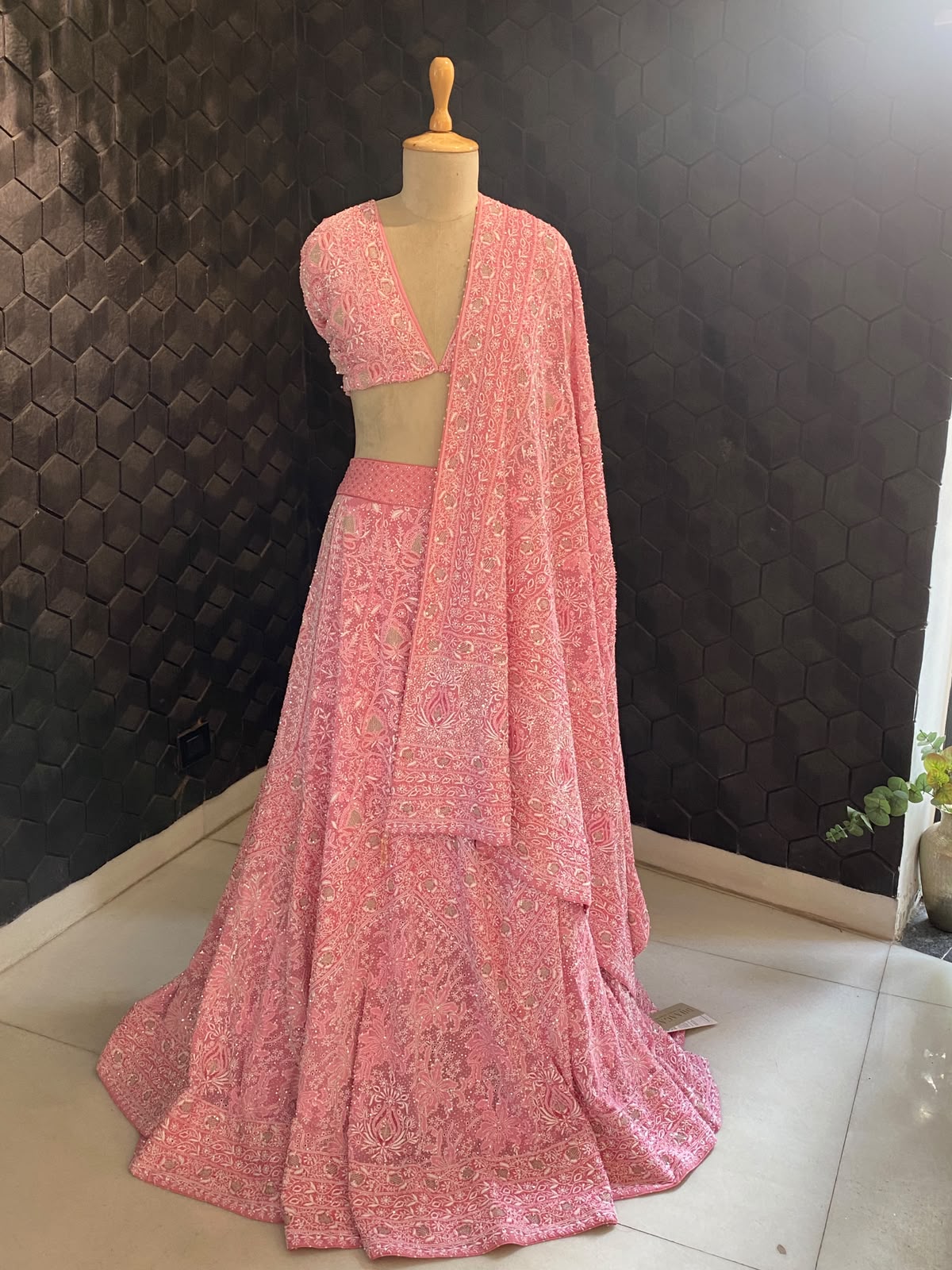 Pink Embroidered Georgette Lehenga Set