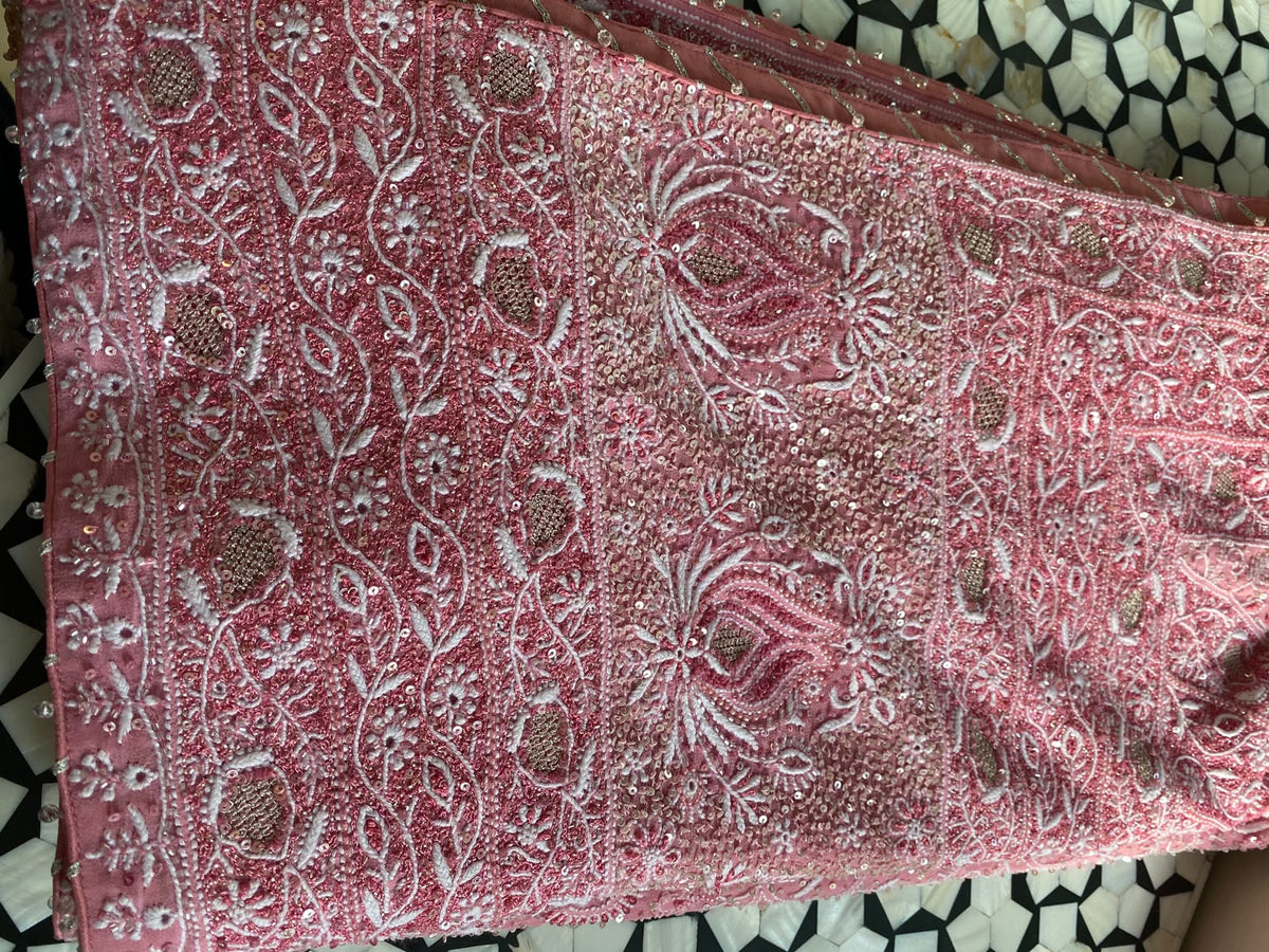 Pink Embroidered Georgette Lehenga Set