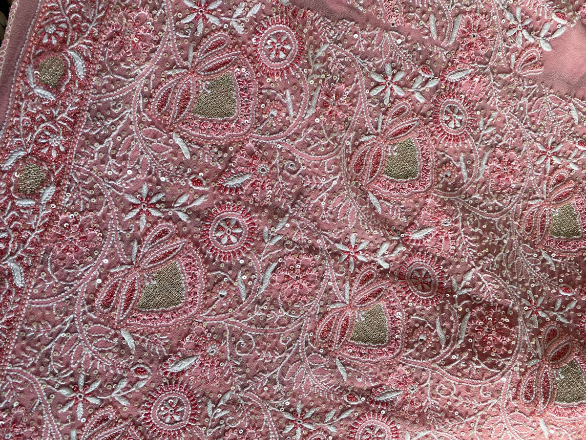 Pink Embroidered Georgette Lehenga Set