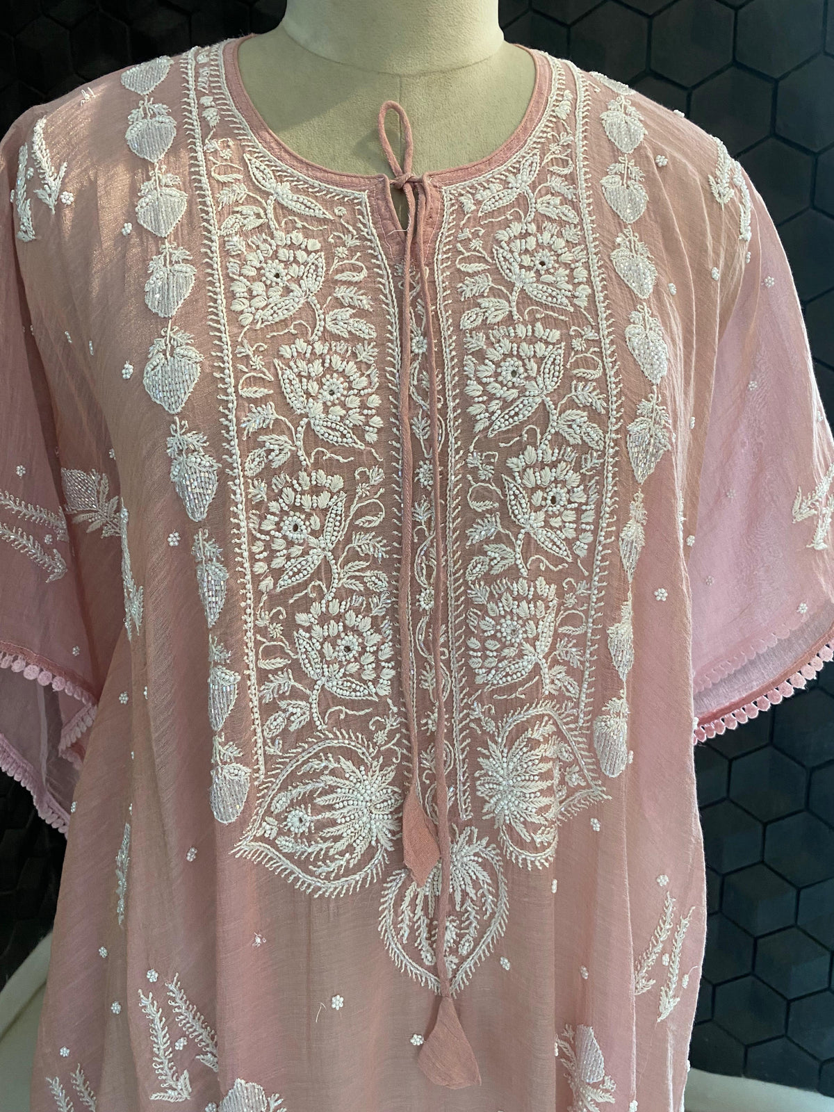 Pink Mul Chanderi Chikankari Kaftan