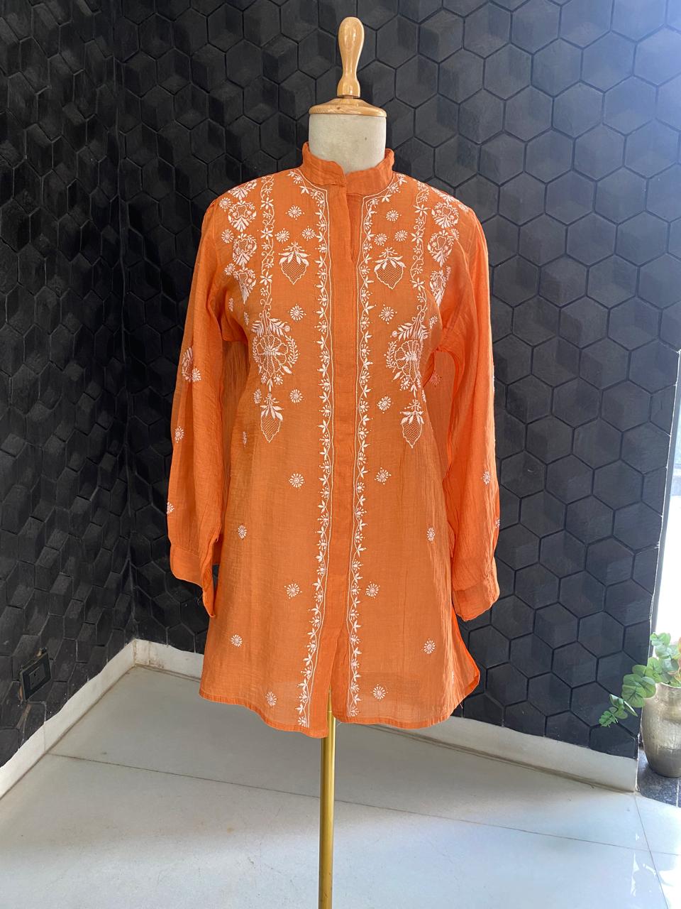 Orange  Golden Tissue Chikankari Co- ord Set