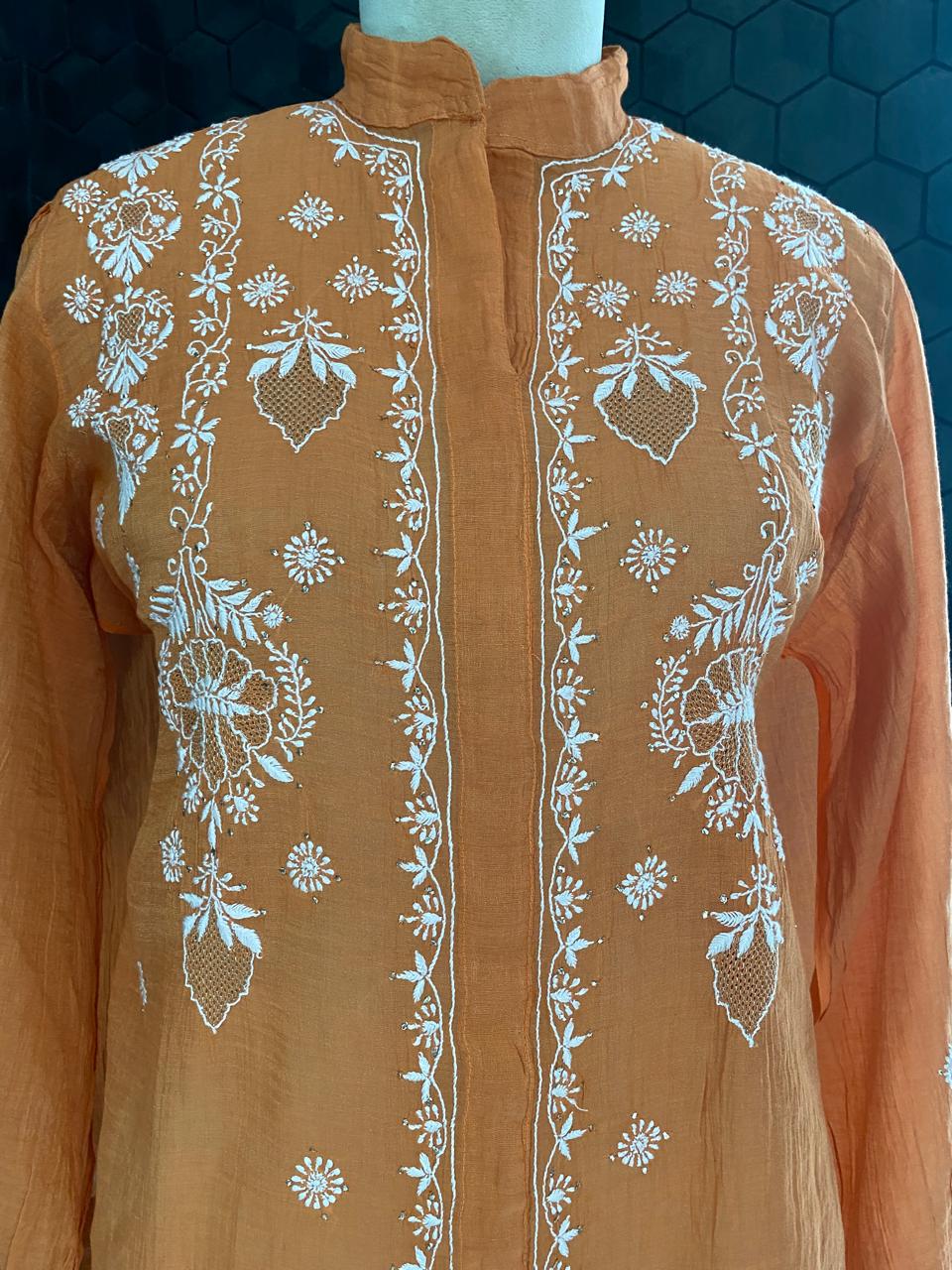Orange  Golden Tissue Chikankari Co- ord Set