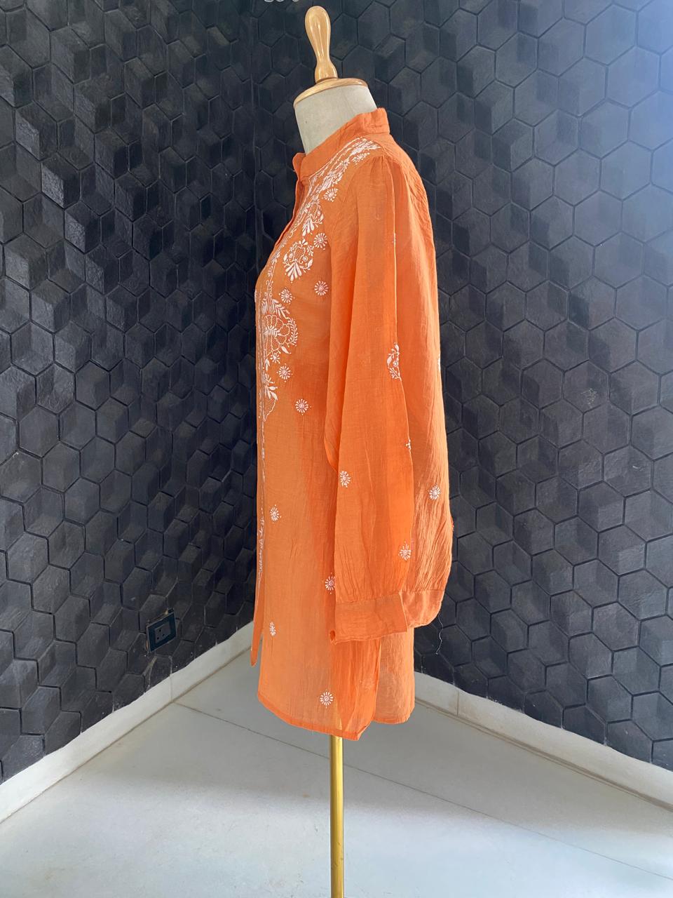 Orange  Golden Tissue Chikankari Co- ord Set