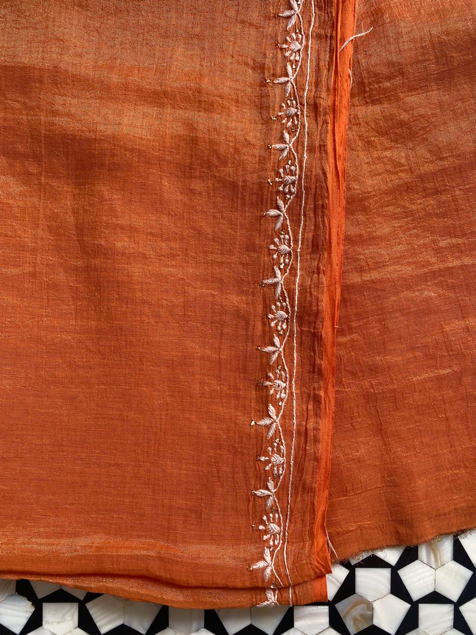 Orange  Golden Tissue Chikankari Co- ord Set